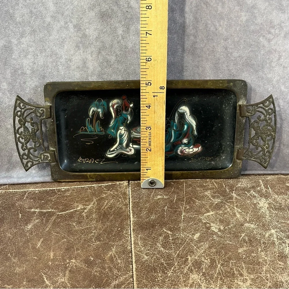 Israel Vintage Brass Enamel Tray Black Gold Hand Painted MCM Filigree Art Plate